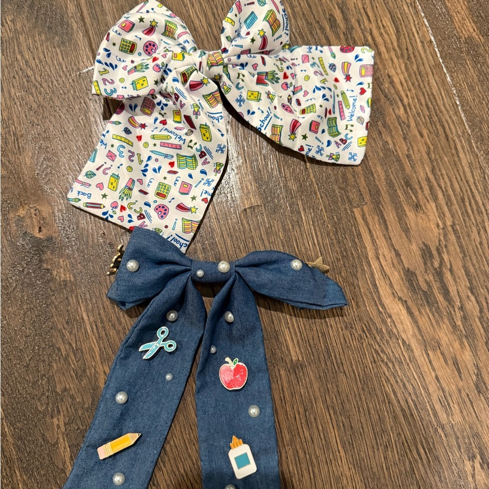 Colorful Kids School Themed Hair Bows Denim and White